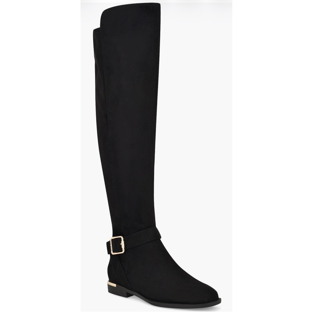Nine West Black Suede Tall Knee High Buckle Boots Gold Trim Womens Size 8M